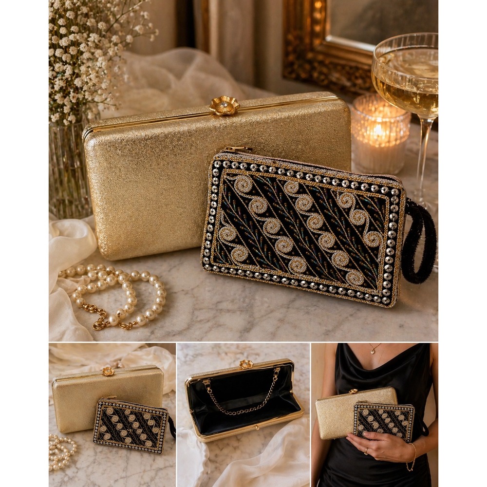 Vintage Gold Shimmer Evening Clutch and Style Beaded Sequin Pouch Set